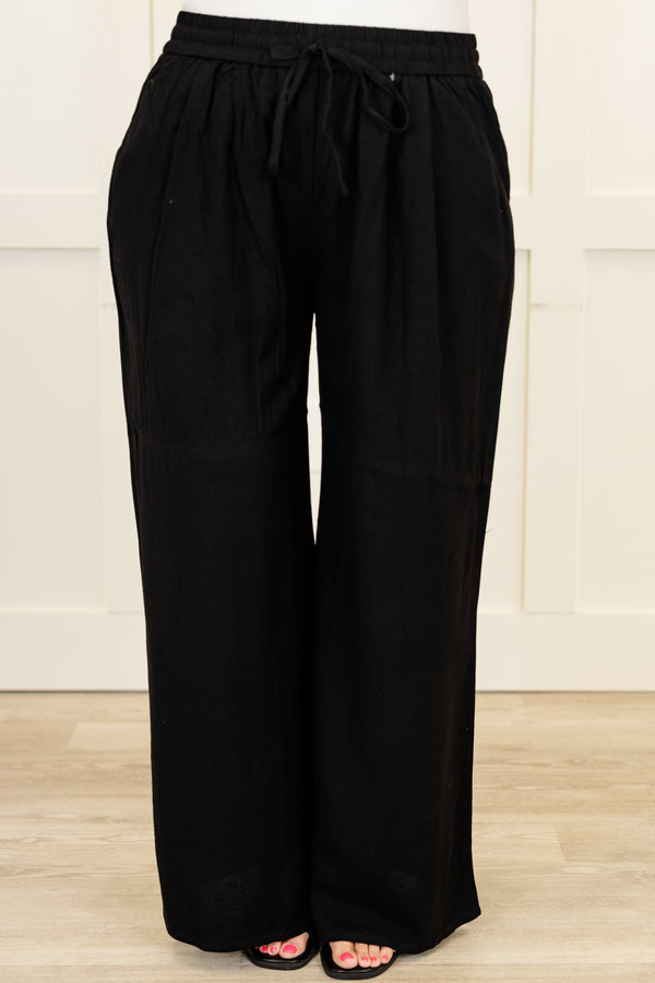 Chic Soul plus size clothing, black long wide leg flowy pants with stretchy tie detail waistband