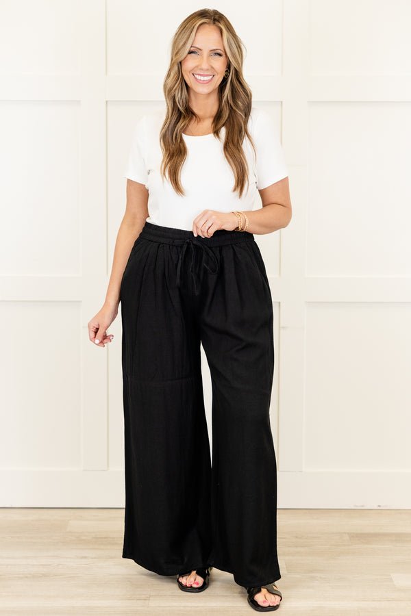 Chic Soul plus size clothing, black long wide leg flowy pants with stretchy tie detail waistband
