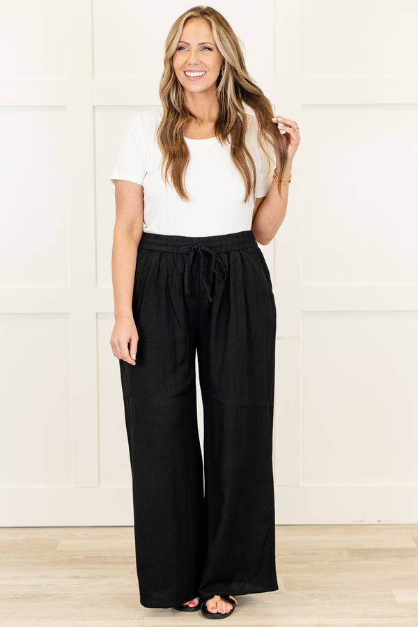 Chic Soul plus size clothing, black long wide leg flowy pants with stretchy tie detail waistband
