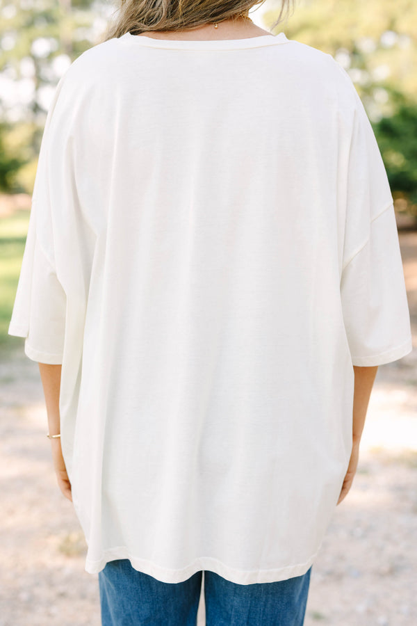 Plus Size ivory boyfriend tee in 100% cotton with a vintage horse and forest graphic.