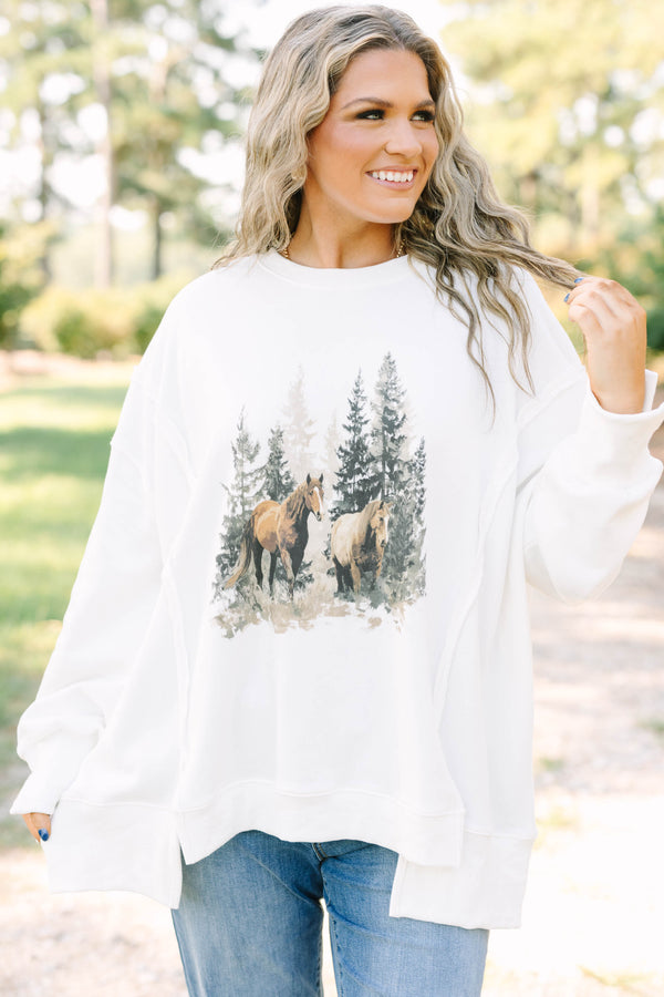 Plus size ivory Vintage Horses Comfy Crew sweatshirt with a flowy, oversized fit.
