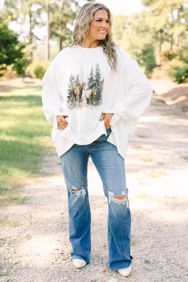 Plus size ivory Vintage Horses Comfy Crew sweatshirt with a flowy, oversized fit.