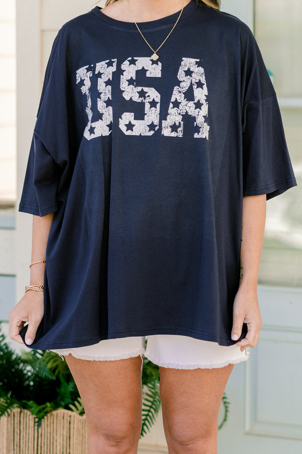 Chic Soul plus size clothing, short-sleeve drop-shoulder midnight navy blue boyfriend tee with a high-scoop-neckline with a white faded graphic lettering stating 