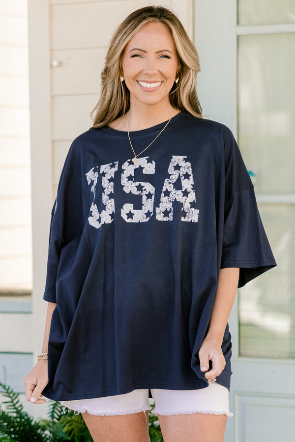 Chic Soul plus size clothing, short-sleeve drop-shoulder midnight navy blue boyfriend tee with a high-scoop-neckline with a white faded graphic lettering stating 