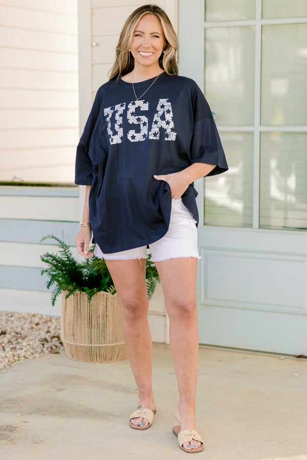 Chic Soul plus size clothing, short-sleeve drop-shoulder midnight navy blue boyfriend tee with a high-scoop-neckline with a white faded graphic lettering stating 
