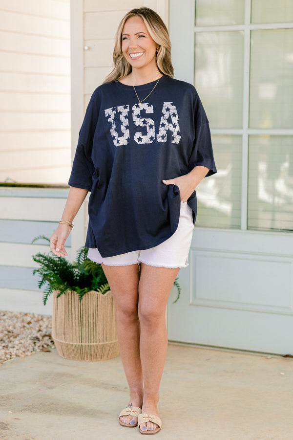 Chic Soul plus size clothing, short-sleeve drop-shoulder midnight navy blue boyfriend tee with a high-scoop-neckline with a white faded graphic lettering stating 