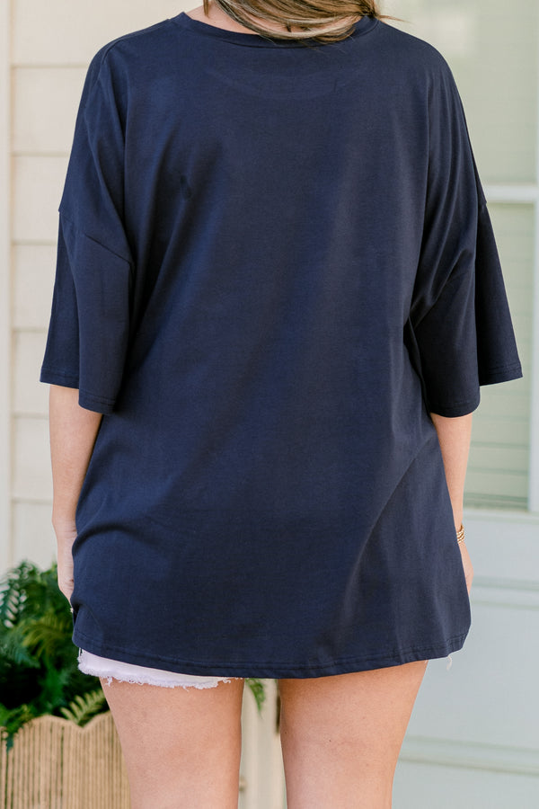 Chic Soul plus size clothing, short-sleeve drop-shoulder midnight navy blue boyfriend tee with a high-scoop-neckline with a white faded graphic lettering stating 
