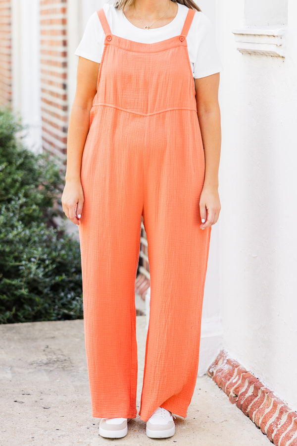 Chic Soul plus size clothing, orange thin strap jumpsuit with button clasp detail and straight leg pants with square neckline
