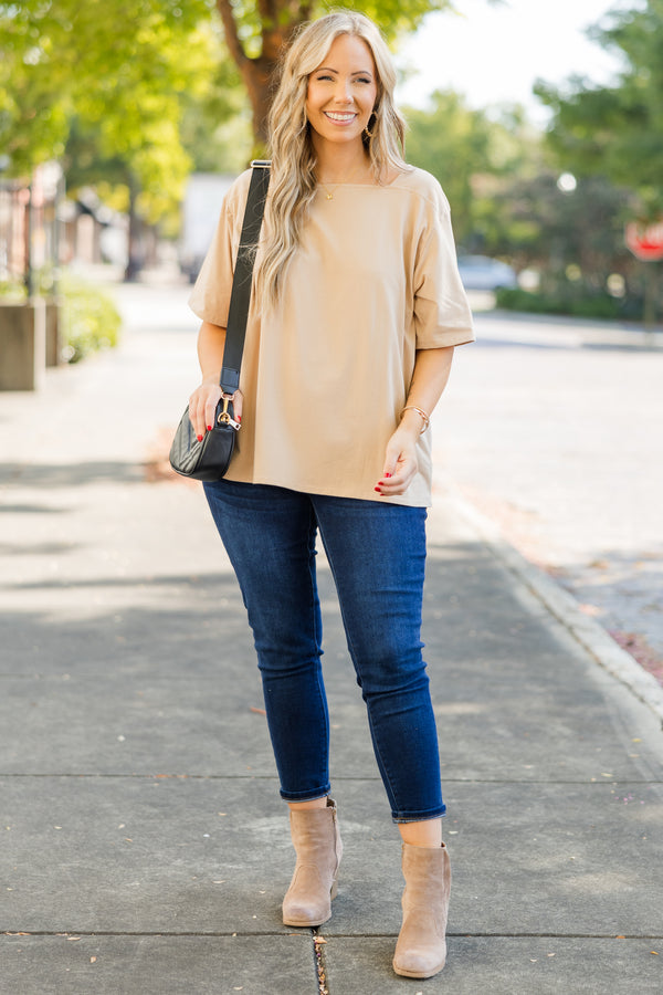 Chic Soul plus size clothing, camel short sleeve flowy top with square neckline detail 