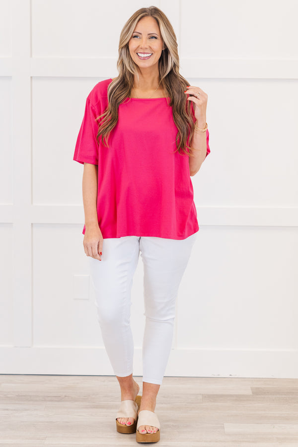 Chic Soul plus size clothing, fuchsia short sleeve flowy top with round neckline