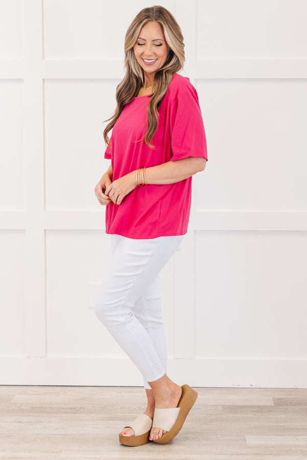 Chic Soul plus size clothing, fuchsia short sleeve flowy top with round neckline