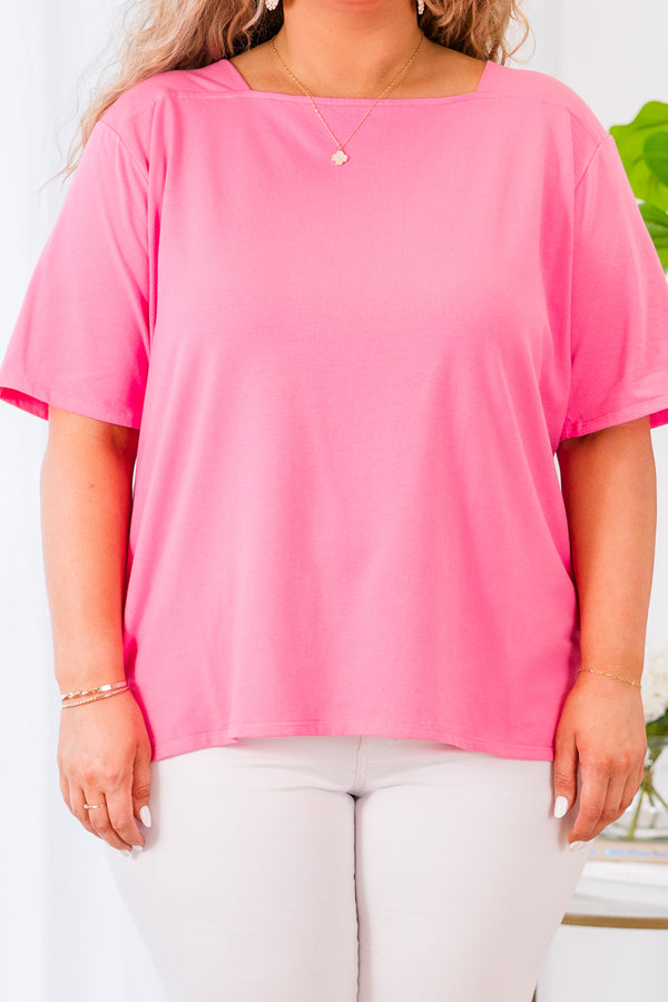 Plus Size pink short-sleeve top with a square neckline and a relaxed fit.