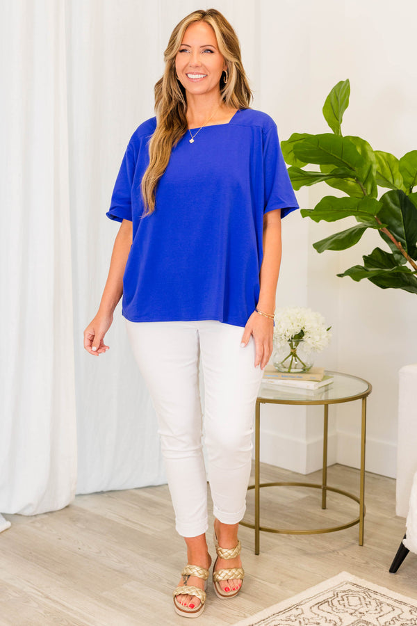 Plus Size royal blue short-sleeve top with a square neckline and a relaxed fit.
