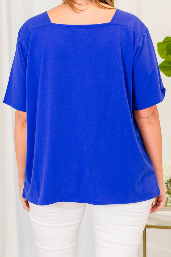 Plus Size royal blue short-sleeve top with a square neckline and a relaxed fit.
