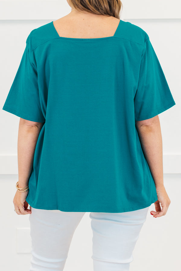 Chic Soul plus size clothing, short-sleeve turquoise green top with a high-square-neckline 