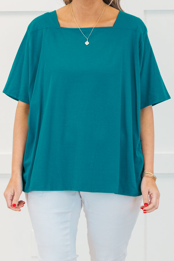 Chic Soul plus size clothing, short-sleeve turquoise green top with a high-square-neckline 