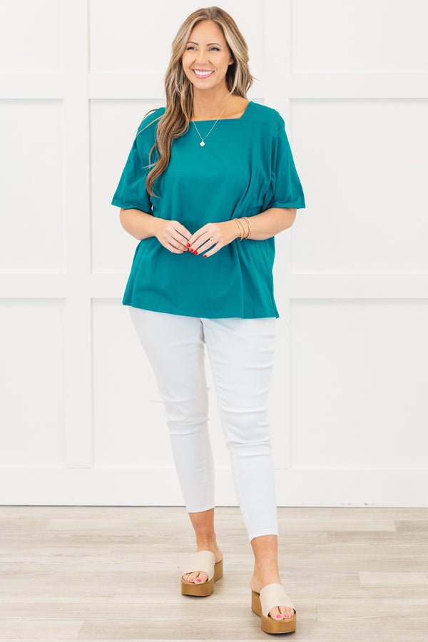 Chic Soul plus size clothing, short-sleeve turquoise green top with a high-square-neckline 
