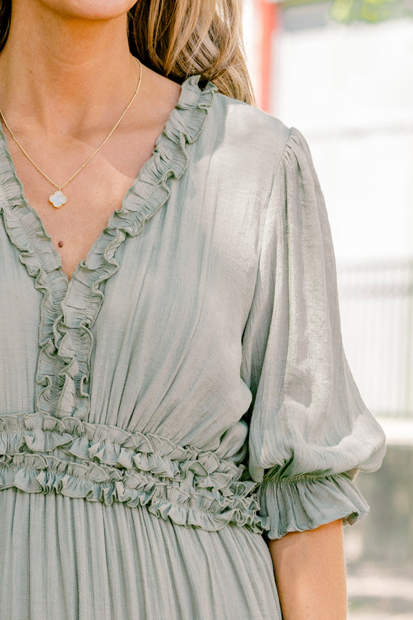 Chic Soul Plus size clothing,  olive tiered maxi dress with ruffle details on each tier and on the v-neckline 
