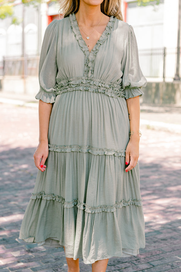 Chic Soul Plus size clothing,  olive tiered maxi dress with ruffle details on each tier and on the v-neckline 
