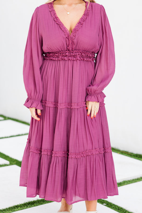 Chic Soul plus size clothing, long-sleeve flowy ruffled plum purple baby doll midi dress with a deep-v-neckline and a ruffled waistband