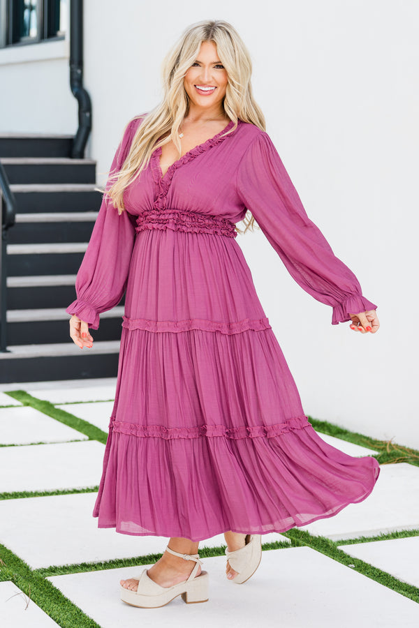Chic Soul plus size clothing, long-sleeve flowy ruffled plum purple baby doll midi dress with a deep-v-neckline and a ruffled waistband