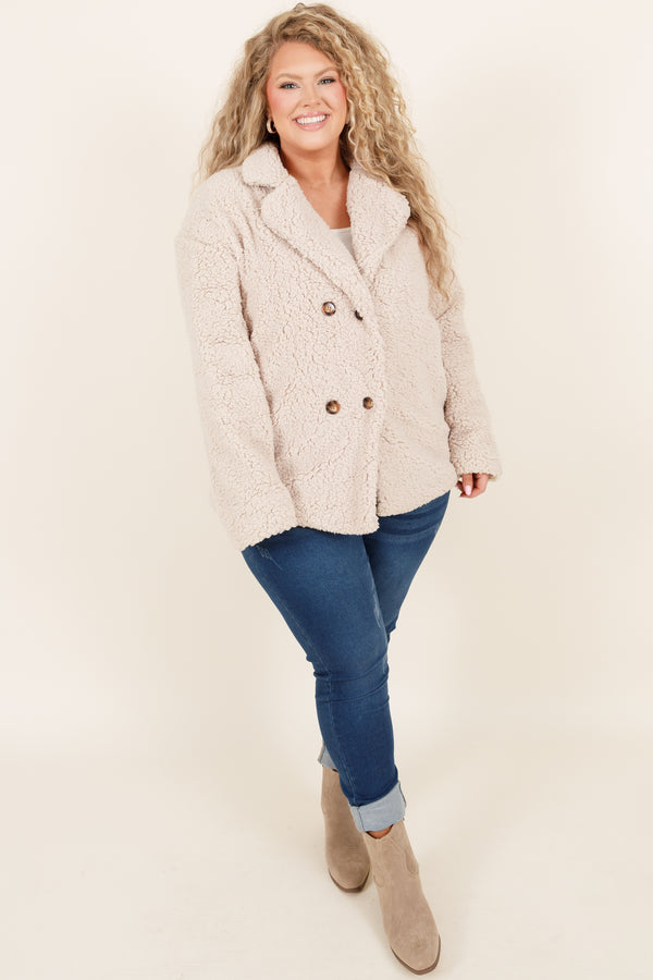 Chic Soul plus size clothing, cream sherpa coat with brown buttons