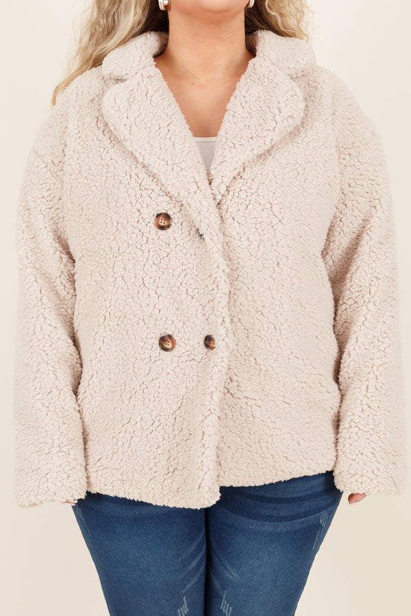 Chic Soul plus size clothing, cream sherpa coat with brown buttons