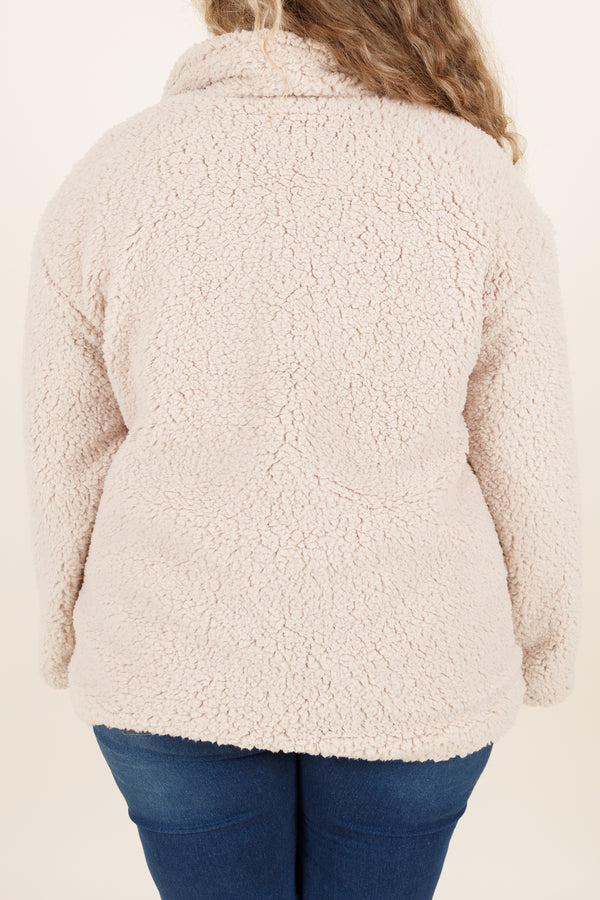 Chic Soul plus size clothing, cream sherpa coat with brown buttons
