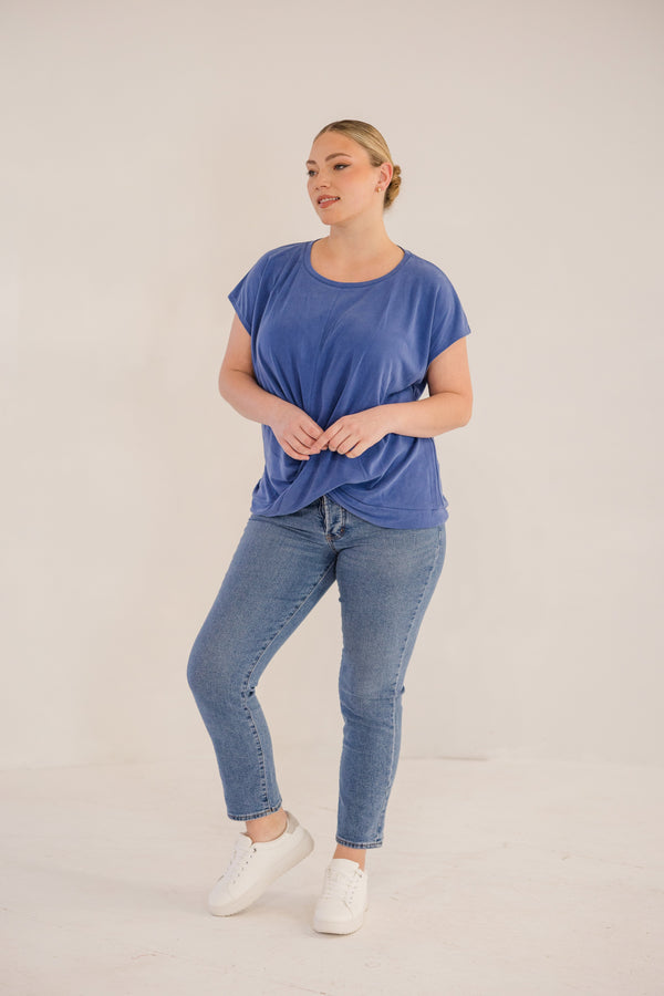 Chic Soul plus size clothing, ombre blue short sleeve flowy top with cross front detail with round neckline