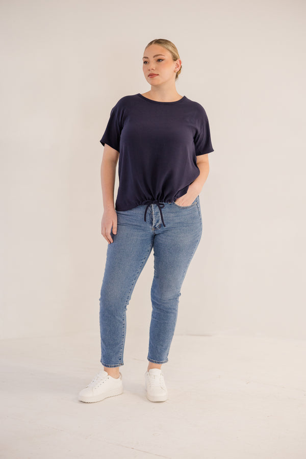 Chic Soul plus size clothing, ink navy short sleeve front tie top with cinched detail on bottom with tie detail