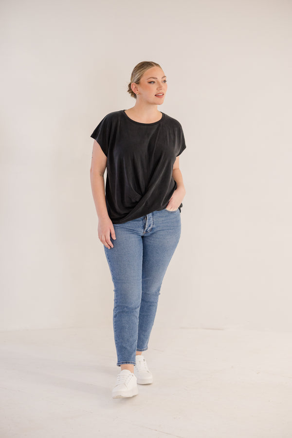 Chic Soul plus size clothing, black short sleeve flowy top with cross front detail with round neckline