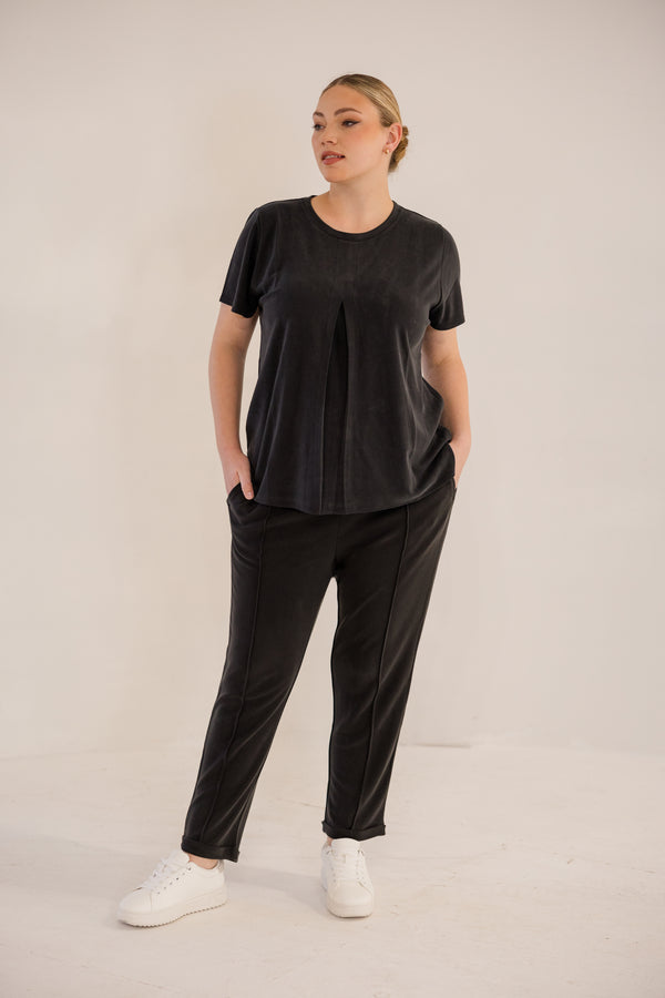 Chic Soul plus size clothing, black short sleeve flowy top with pleated detail with round neckline