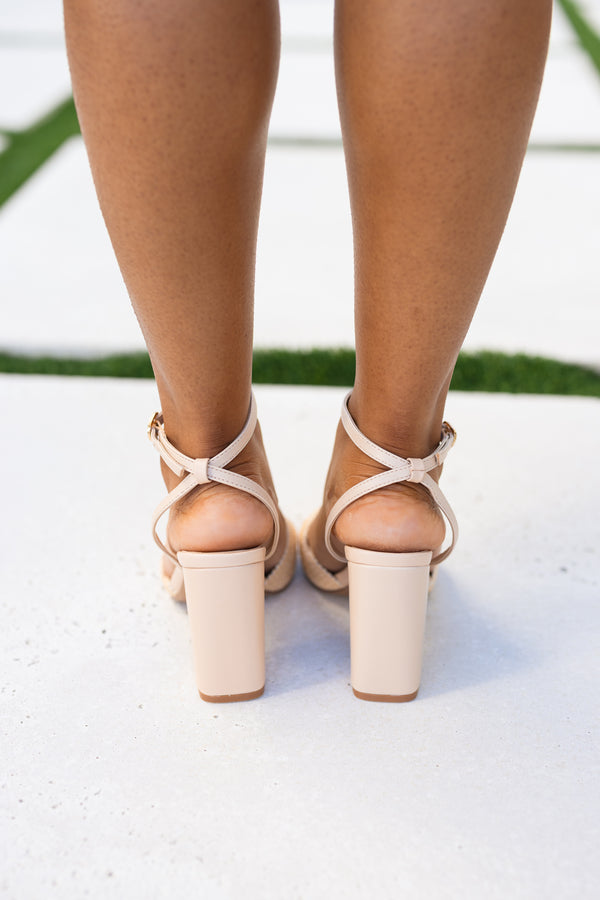 Chic Soul plus size clothing, nude heels with a strap going around the ankle and a thick strap going across the top of the foot with a gold bead accent in the middle 