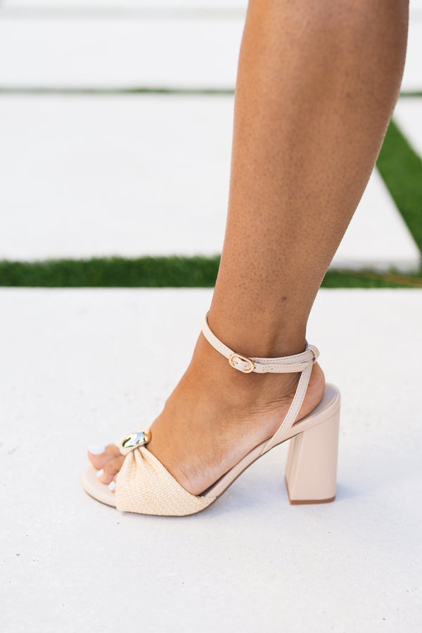 Chic Soul plus size clothing, nude heels with a strap going around the ankle and a thick strap going across the top of the foot with a gold bead accent in the middle 