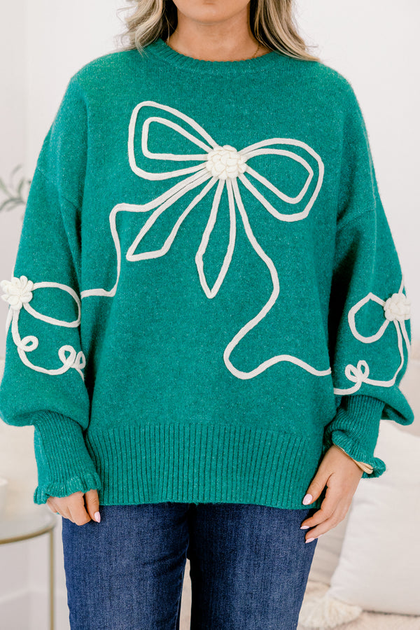 Chic Soul plus size clothing, emerald long sleeve crew neck sweater with white piping bow detailing