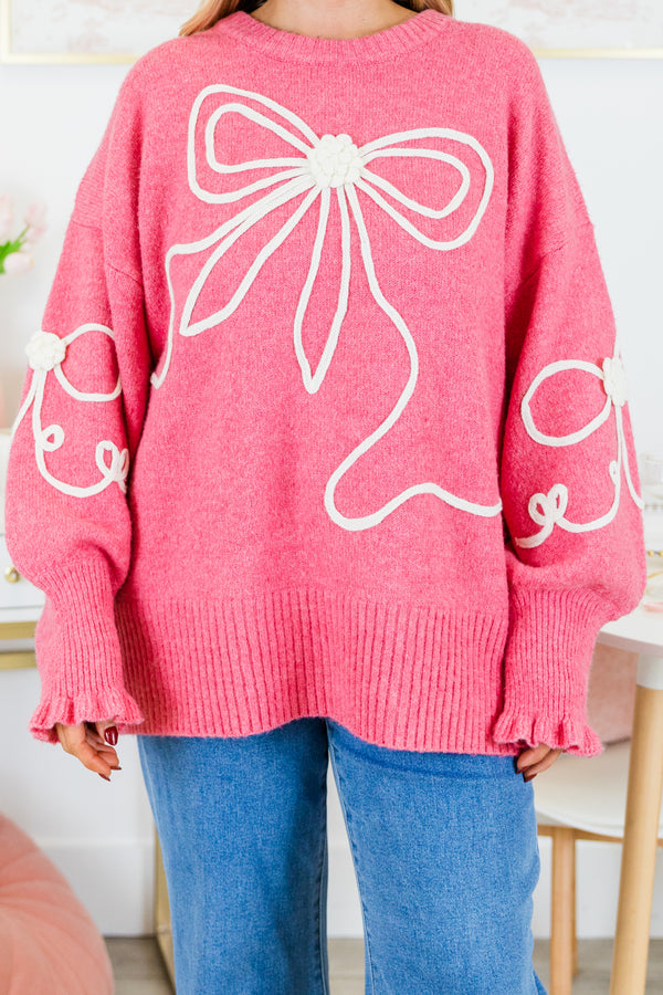 Chic Soul plus size clothing, pink long sleeve sweater with white knit bows