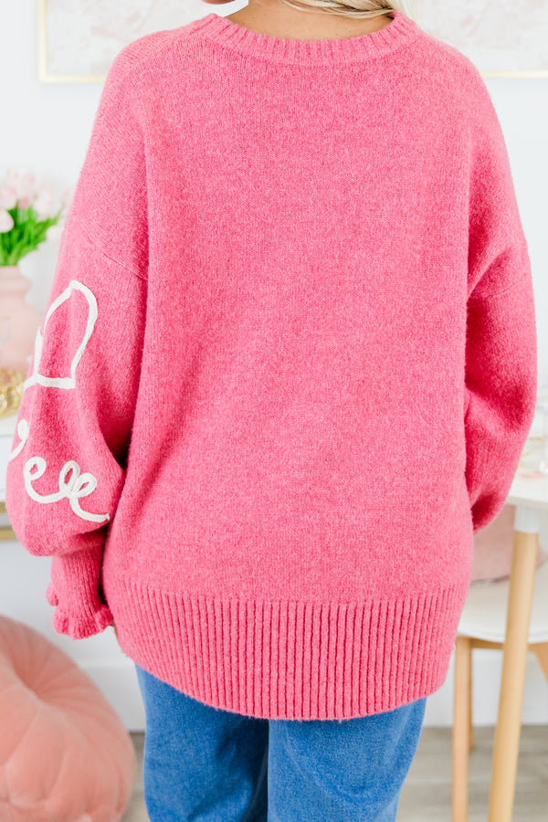 Chic Soul plus size clothing, pink long sleeve sweater with white knit bows