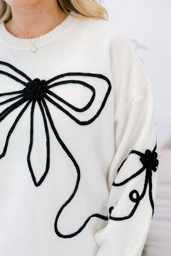 Chic Soul plus size clothing, white long sleeve crew neck sweater with black piping bow detailing