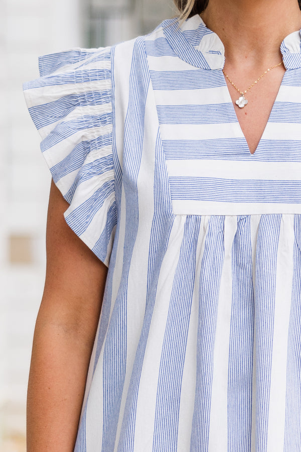 Chic Soul plus size clothing, short-flutter-sleeve blue and white striped baby doll dress with v-neckline and smocked sleeves and collar 