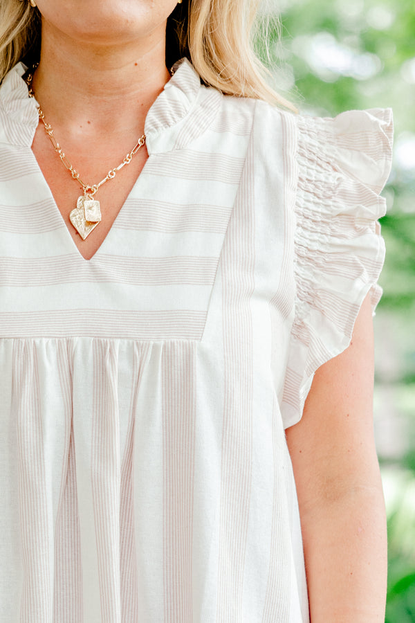 Plus Size light brown striped A-line dress with ruffle sleeves and a collared neckline.
