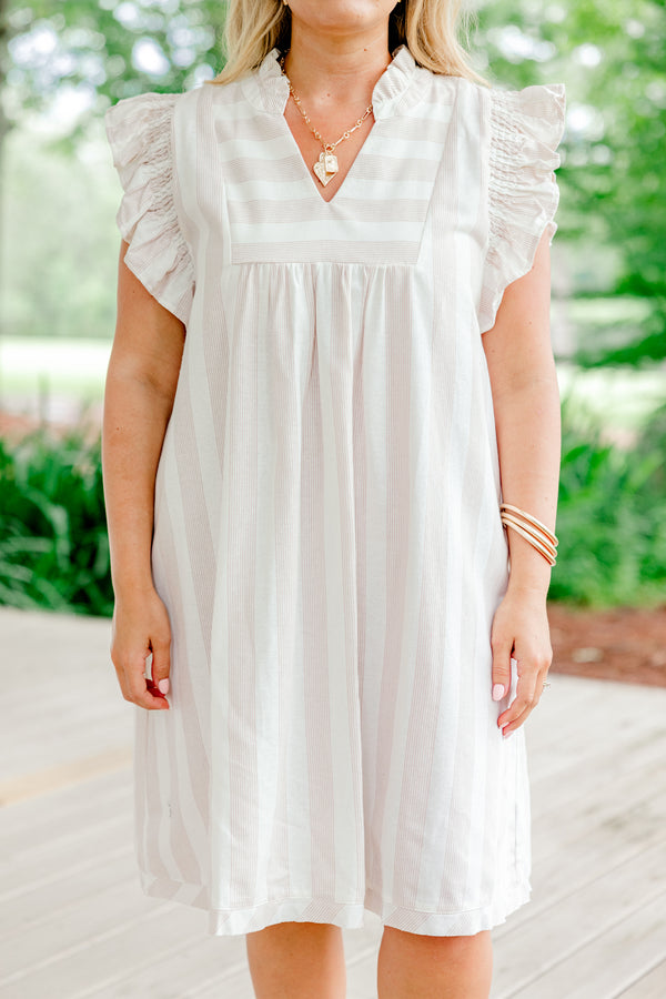 Plus Size light brown striped A-line dress with ruffle sleeves and a collared neckline.