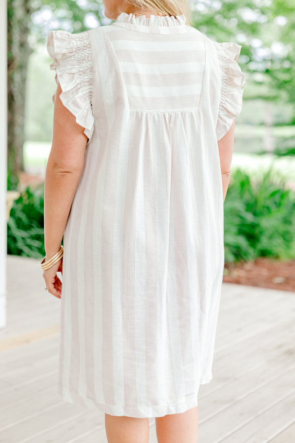 Plus Size light brown striped A-line dress with ruffle sleeves and a collared neckline.