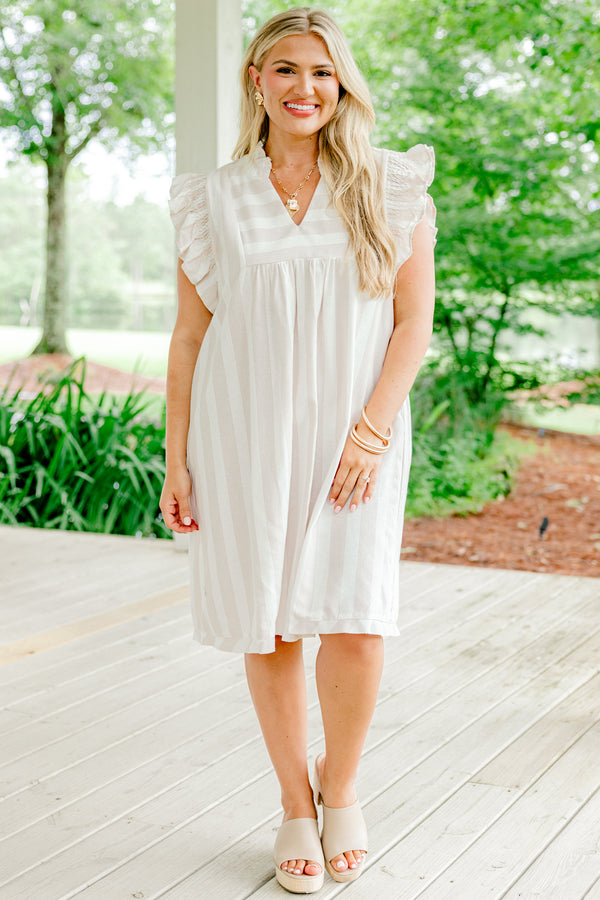 Plus Size light brown striped A-line dress with ruffle sleeves and a collared neckline.