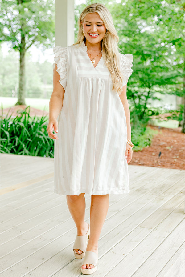 Plus Size light brown striped A-line dress with ruffle sleeves and a collared neckline.