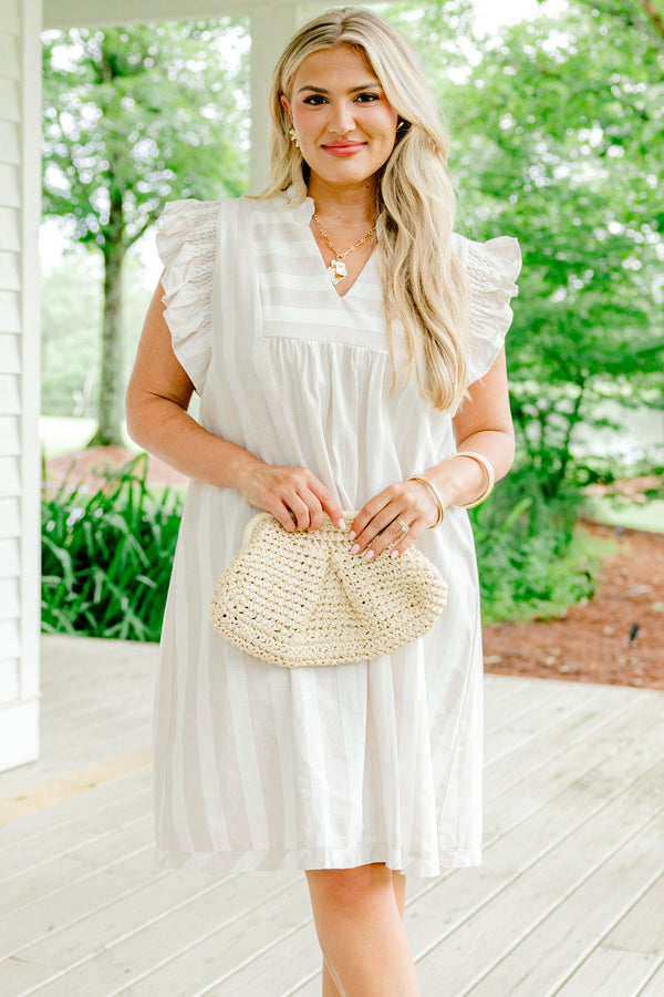 Plus Size light brown striped A-line dress with ruffle sleeves and a collared neckline.