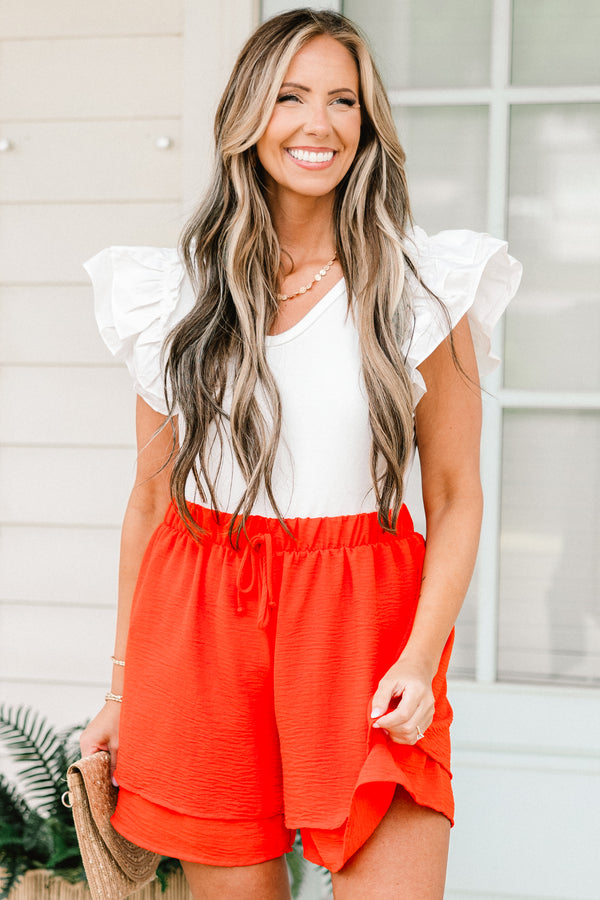 Chic Soul plus size clothing, high-waisted elastic waistband bright orange flowy shorts with a waist tie 
