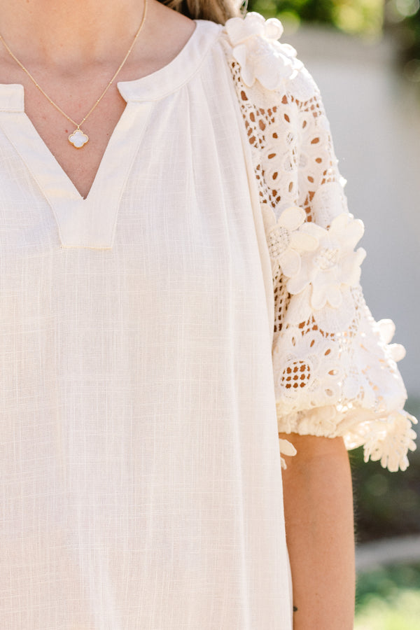 Chic Soul plus size clothing, short-puffed-sleeve oatmeal cream top with a split-v-neckline and a solid cream floral lace sleeve