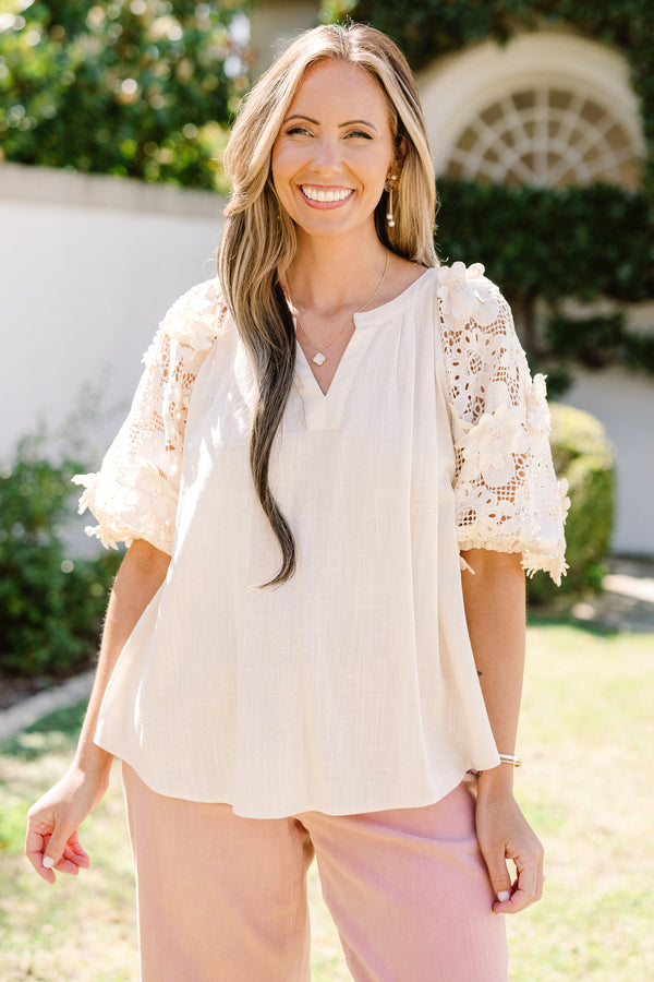 Chic Soul plus size clothing, short-puffed-sleeve oatmeal cream top with a split-v-neckline and a solid cream floral lace sleeve