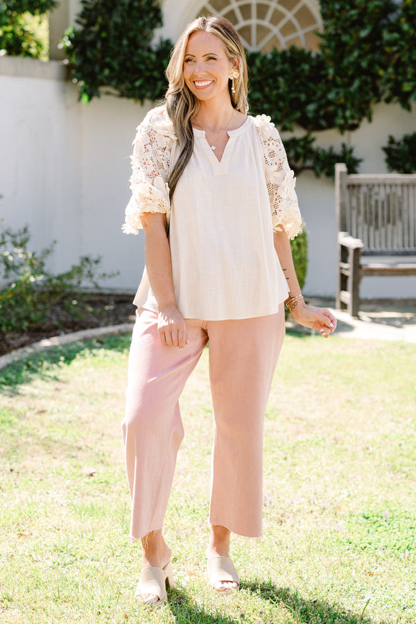 Chic Soul plus size clothing, short-puffed-sleeve oatmeal cream top with a split-v-neckline and a solid cream floral lace sleeve