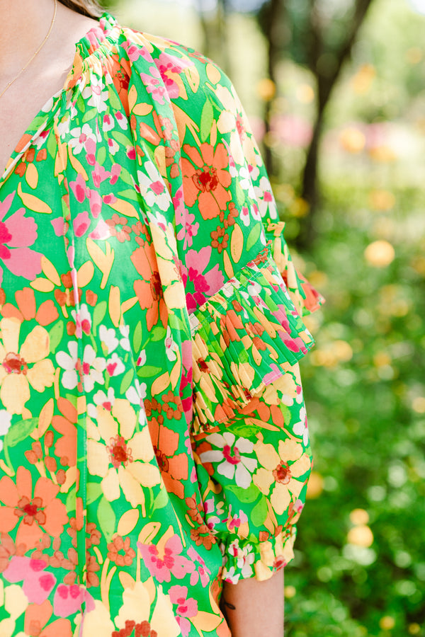Chic Soul plus size clothing, quarter-sleeve green multi-colored ruffled top with a split-v-neckline with a multi-colored green floral pattern
